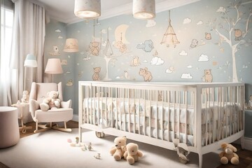 A charming baby nursery with soft pastel colors, plush toys, and a cozy crib surrounded by...