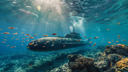 submarine in the sea,fish and coral  - obrazy, fototapety, plakaty
