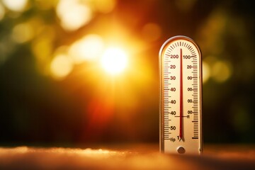 Summer, hot weather, thermometer with sun in the background. represents an increase in temperature - obrazy, fototapety, plakaty