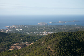 Views of the Cala Comte area on the west coast of Ibiza from the Sa Talaya mountain in Sant Jose.
