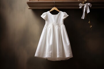 Elegant white dress for a baptism ceremony Hang it on a hanger on a light background. It represents purity and tradition.