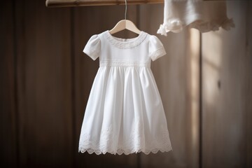Elegant white dress for a baptism ceremony Hang it on a hanger on a light background. It represents purity and tradition.