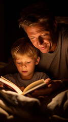 Fototapeta na wymiar 16:9 or 9:16 Father reads a story to his child before bedtime. Expressing love on Father's Day.