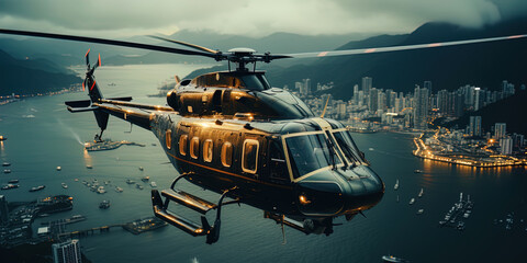 A helicopter located on the roof of a tall building, like a gate to new horizons, where the sky