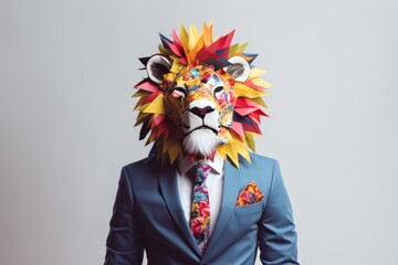 Businessman made from handmade paper origami colorful lion head wearing a realistic suit at the office