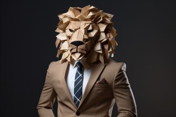 Businessman made from handmade paper origami colorful lion head wearing a realistic suit at the office