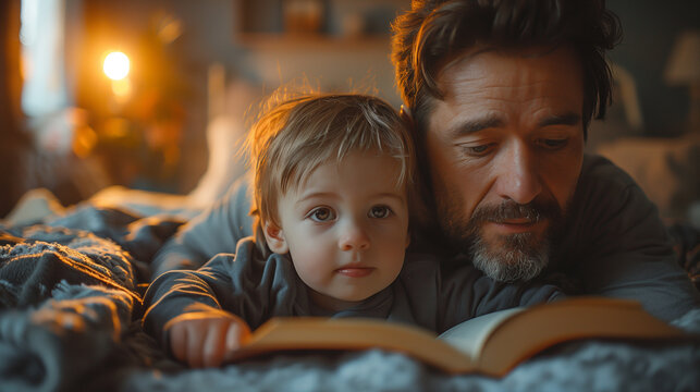 16:9 or 9:16 Father reads a story to his child before bedtime. Expressing love on Father's Day.