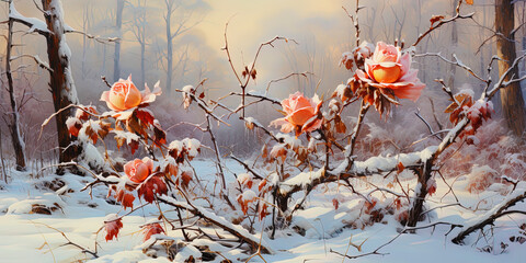 In the winter landscape, bright roses look like huge colorful spots, recalling spring and new l