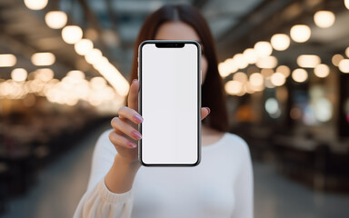 girl holding smartphone mockup with empty, blank screen on the street background