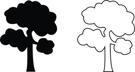 Trees flat line icons set. Plants, landscape design, fir tree, succulent, privacy shrub, lawn grass, flowers black vector collection isolated on transparent background. tree simple silhouettes nature.