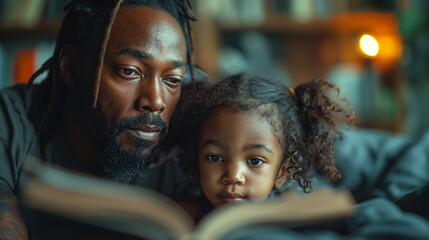 16:9 or 9:16 Father reads a story to his child before bedtime. Expressing love on Father's Day.