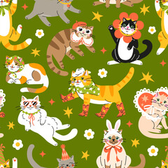 Seamless pattern with Cute cartoon fat cats wearing different funny outfits.  Hand drawn vector illustration. Adorable pet background. - 741503916