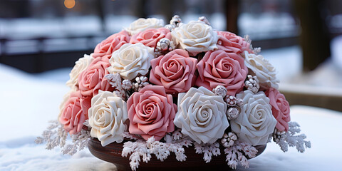 Surrounded by white snow, bright roses seem like an oasis of life and co