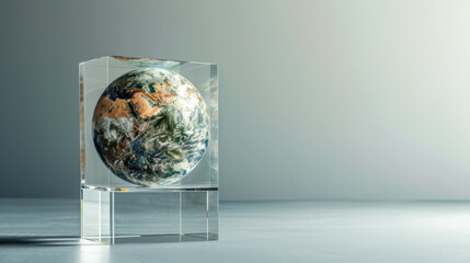 The earth is contained in an acrylic box, light color