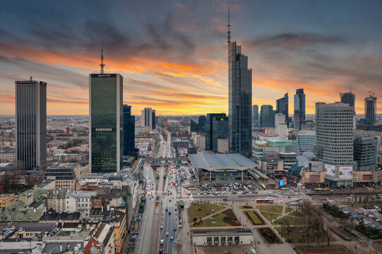 Warszawa, Poland - January 27, 2024: Modern cityscape of Warszawa at sunset, capital city of Poland.