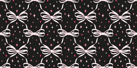 Seamless pattern with various cartoon satin bow knots, gift ribbons. Trendy hair braiding accessory. Hand drawn vector illustration. Valentine's day background. - 741504186