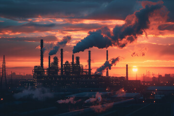 The silhouette of a massive factory against a dusky sky, air thick with pollutants, a powerful...
