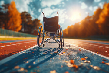 The vibrant energy of a wheelchair race on an athletic track. - obrazy, fototapety, plakaty