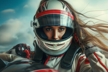 Woman motor racer with flowing hair, gripping her racing helmet, dressed in her gear, - obrazy, fototapety, plakaty