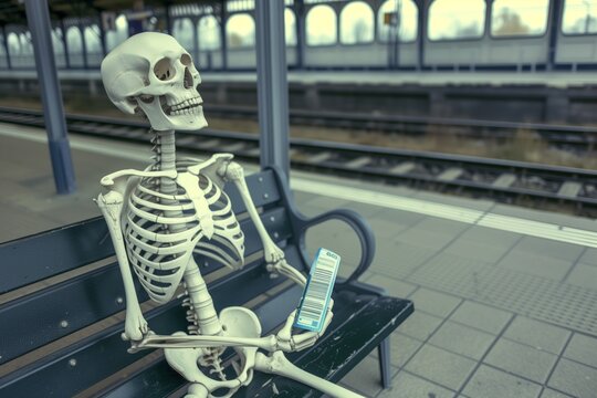 skeleton at a train station on a bench, holding a ticket