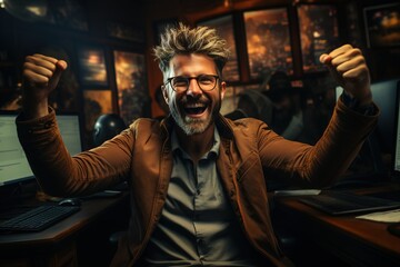 businessman sitting at his desk with his hands up in the air celebrating