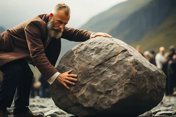 Poster Against all odds, a businessman pushes a large stone uphill, symbolizing the perseverance and resilience needed to conquer challenges in the corporate landscape © Dejan