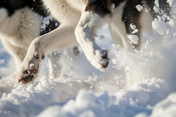 action shot of huskies paws kicking up snow