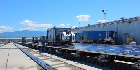 Fototapeta premium The rows of solar panels located on the roof of the building, like slabs of living metal that a