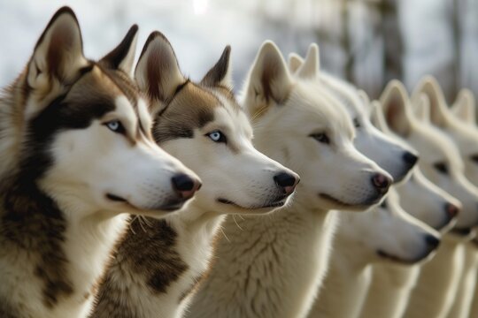 a pack of huskies alert and looking in the same direction
