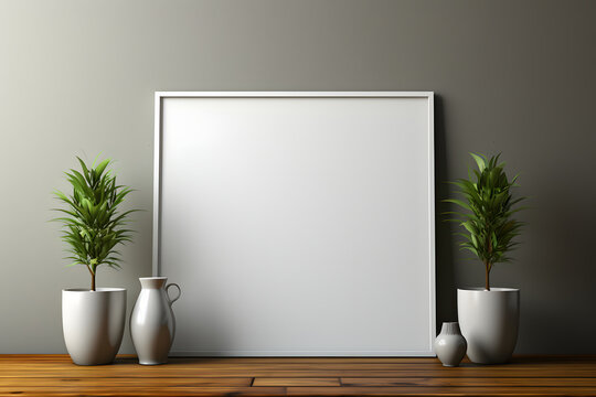 Blank White Poster Frame Mockup on Wall with Plants Beside
