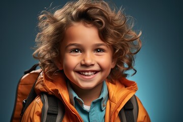 cheerful smilling little bot with backpack, blue isolated background, concept of going back to school, first school day