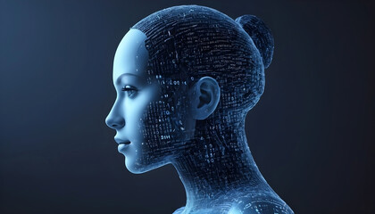 Obraz premium Beautiful Ai robot woman model face, looking at side with blue ambient background, created with digital codes