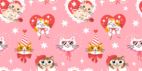 Seamless pattern with Cute cartoon cats in heart shape frame. Hand drawn vector illustration. Funny Valentine's day character background.