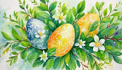 Acrylic composition with Easter eggs and beautiful flowers.