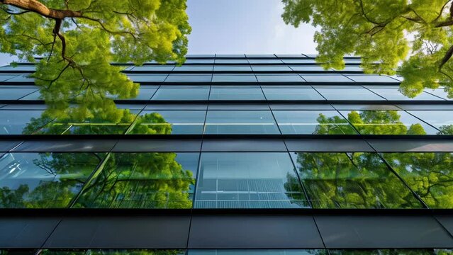 Looking up at a modern building with a reflective glass facade, showcasing the juxtaposition of urban architecture and green treetops against the sky.
