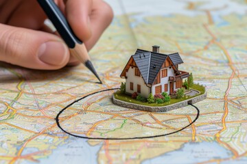 person drawing a pencil circle around a house model on a map