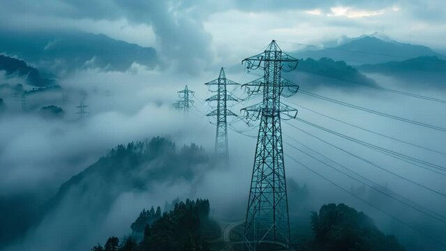 Illuminated electricity pylons towering above a fog-covered mountainous landscape as dusk settles in, with ambient lights in the distance.
