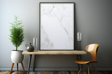 Blank White Poster Frame Mockup on Wall with Plants Beside