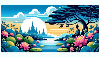 Fototapeta na wymiar Tranquil Vesak Temple Sunrise Illustration