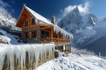 A cozy wooden house is surrounded by pristine snow in mountains.