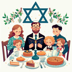 family at the festive table, dad reading a prayer, Shavuot, Star of David