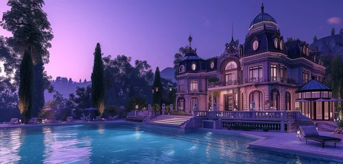 Fototapeten A Victorian-style house with intricate details, near a pool with an acrylic roof, in a dusky purple twilight background © Raj Pal creation 
