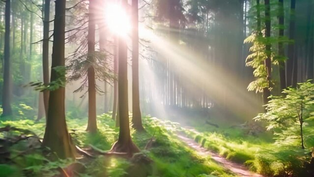 A tranquil forest path lit by sunbeams piercing through the mist, creating a serene and mystical morning atmosphere.
