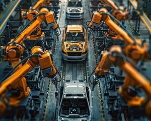 Automated robot arms in a car factory viewed aerially in 3D embody the synergy of AI analytics and machine learning - obrazy, fototapety, plakaty