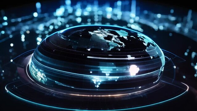 A digital representation of Earth with glowing network connections, symbolizing global communication and technology in a modern cyber cityscape.
