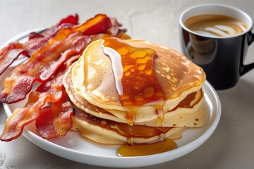 fresh pancakes with a side of crispy bacon, coffee cup nearby