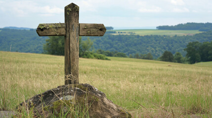 Solitude and Spirituality: Weathered Wooden Cross Overlooking a Serene Countryside Landscape