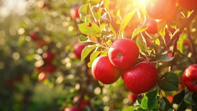 Juicy red apples hanging on lush green branches, bathed in warm sunlight, ready for harvest in an orchard.
