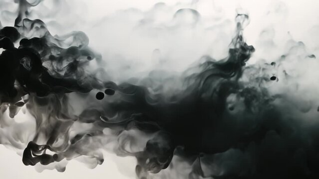 Ethereal swirls of black and white smoke dance together in a captivating abstract pattern against a neutral background.
