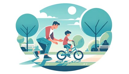 Father Teaching Child Bicycle Riding - Minimalist Vector Design